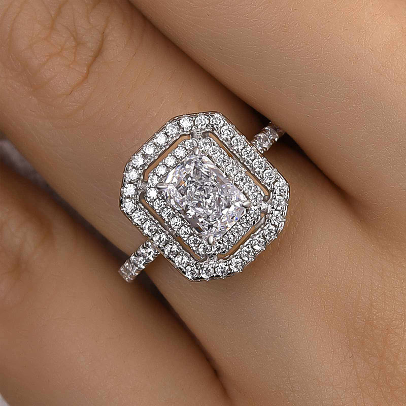 1Ct Double Halo Radiant Cut  Engagement Ring In Sterling Silver-Sterling Silver-lornajewelry