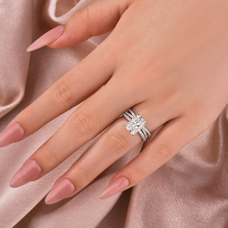Luna Moissanite 2.0 Ct ～ 4.0 Ct Radiant Cut 2-Pc Wedding Ring Set In Sterling Silver With Criss Cross Band