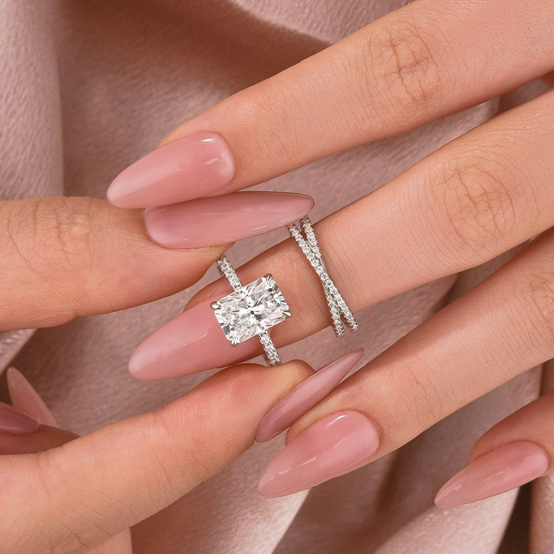 Luna Moissanite 2.0 Ct ～ 4.0 Ct Radiant Cut 2-Pc Wedding Ring Set In Sterling Silver With Criss Cross Band