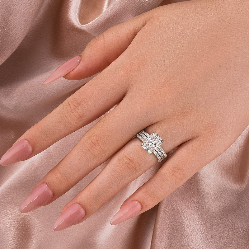Luna Moissanite 2.0 Ct ～ 4.0 Ct Radiant Cut Classic 3-Pc Wedding Ring Set In Sterling Silver