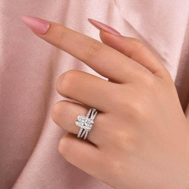 Luna Moissanite 2.0 Ct ～ 4.0 Ct Radiant Cut 2-Pc Wedding Ring Set In Sterling Silver With Criss Cross Band