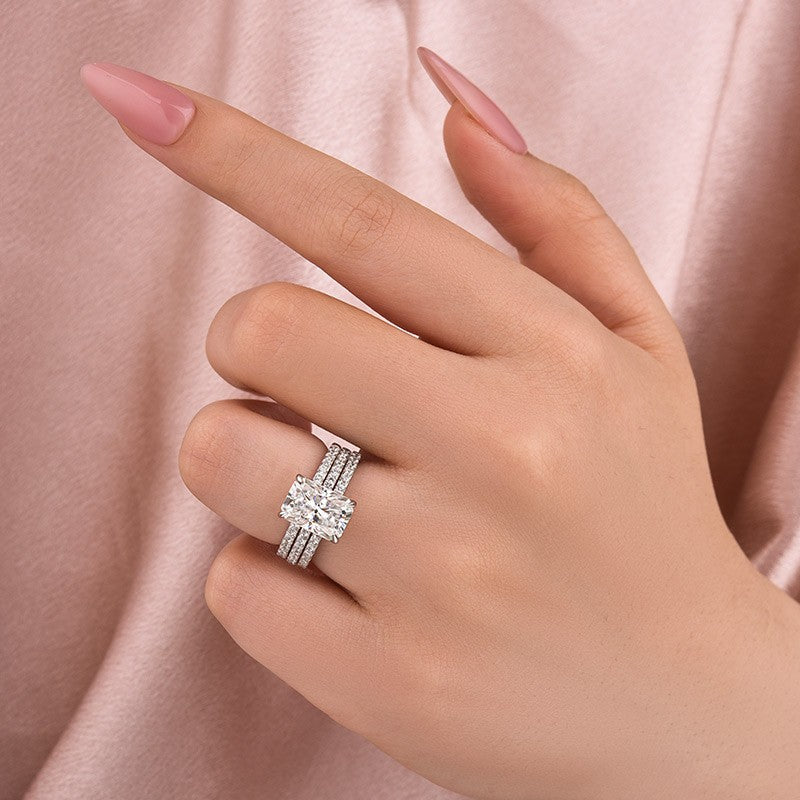 Luna Moissanite 2.0 Ct ～ 4.0 Ct Radiant Cut Classic 3-Pc Wedding Ring Set In Sterling Silver