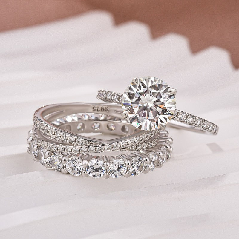 Luna Moissanite 2.0 Ct Round Cut 3-Pc Wedding Ring Set In Sterling Silver