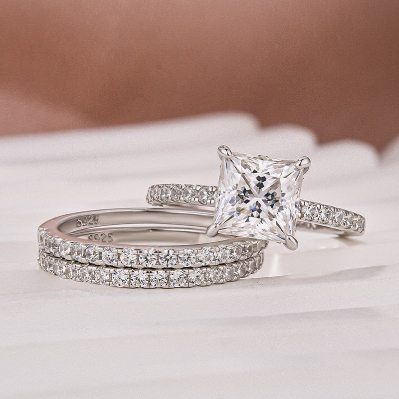 Luna Moissanite 2.0 Ct Princess Cut Classic 3-Pc Wedding Ring Set In Sterling Silver