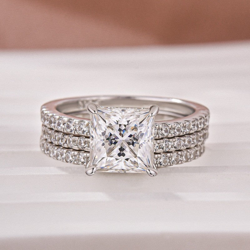 Luna Moissanite 2.0 Ct Princess Cut Classic 3-Pc Wedding Ring Set In Sterling Silver