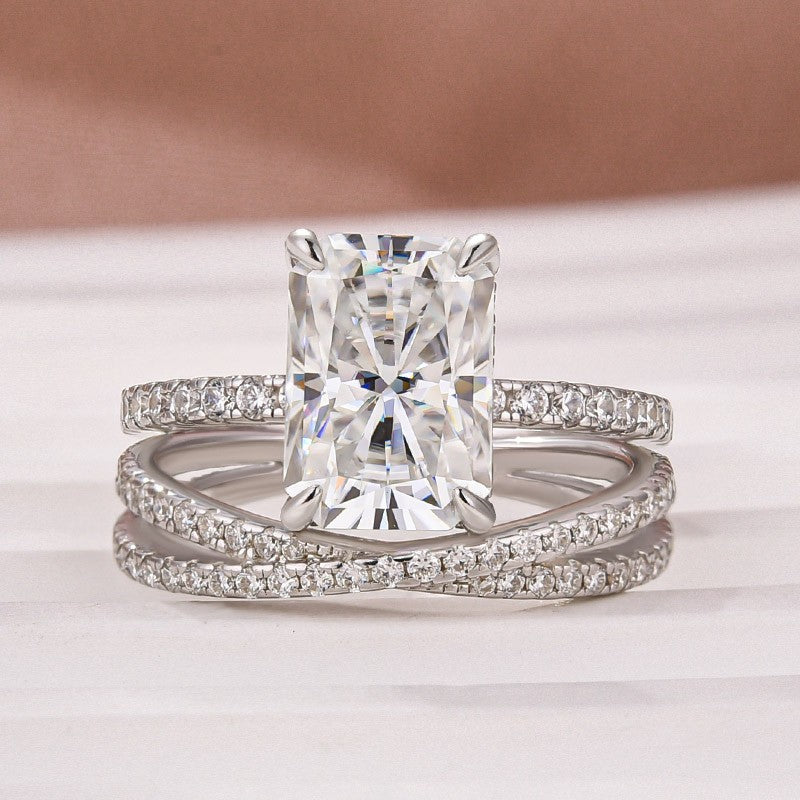 Luna Moissanite 2.0 Ct ～ 4.0 Ct Radiant Cut 2-Pc Wedding Ring Set In Sterling Silver With Criss Cross Band