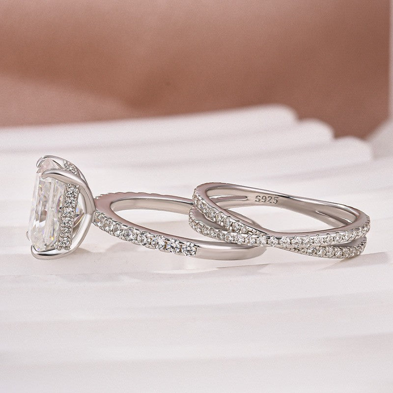 Luna Moissanite 2.0 Ct ～ 4.0 Ct Radiant Cut 2-Pc Wedding Ring Set In Sterling Silver With Criss Cross Band