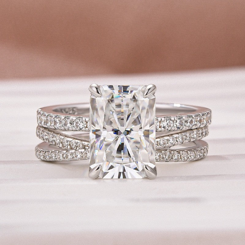 Luna Moissanite 2.0 Ct ～ 4.0 Ct Radiant Cut 2-Pc Wedding Ring Set In Sterling Silver With Criss Cross Band