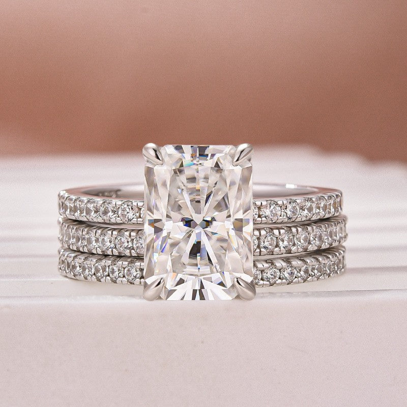 Luna Moissanite 2.0 Ct ～ 4.0 Ct Radiant Cut Classic 3-Pc Wedding Ring Set In Sterling Silver