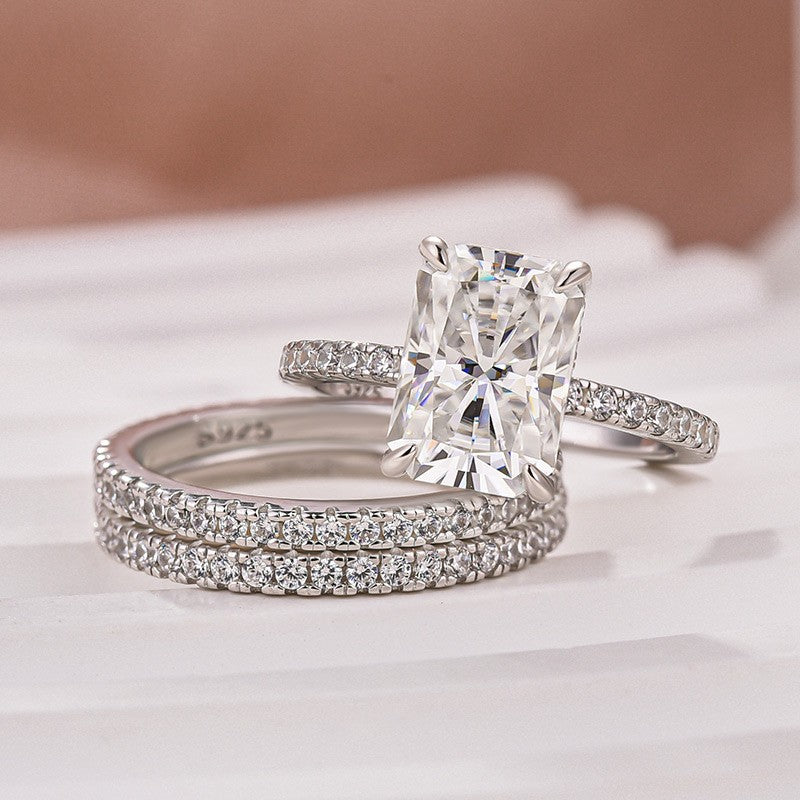 Luna Moissanite 2.0 Ct ～ 4.0 Ct Radiant Cut Classic 3-Pc Wedding Ring Set In Sterling Silver