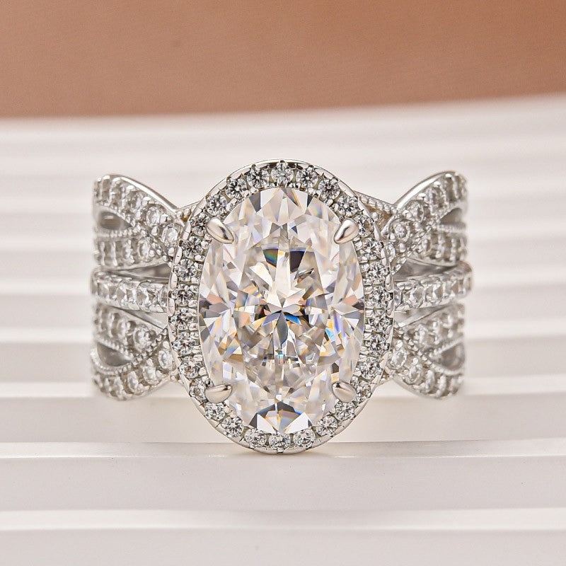 Luna Moissanite 3.0 Ct Round Cut Halo 2-Pc Wedding Ring Set In Sterling Silver With Enhancer Band