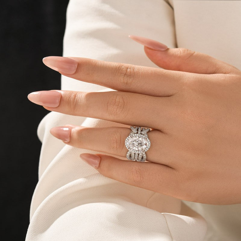 Luna Moissanite 3.0 Ct Round Cut Halo 2-Pc Wedding Ring Set In Sterling Silver With Enhancer Band