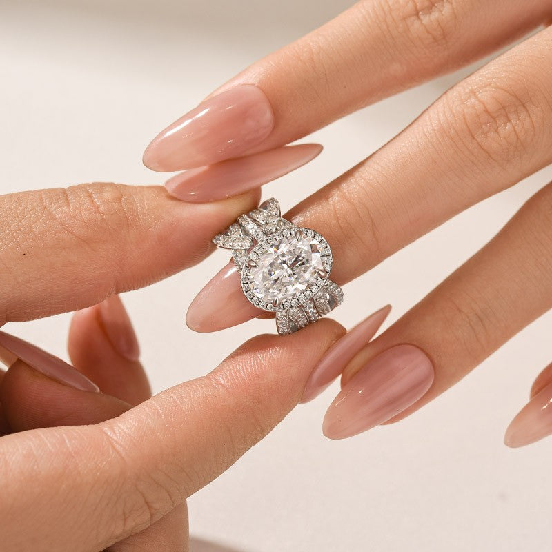 Luna Moissanite 3.0 Ct Round Cut Halo 2-Pc Wedding Ring Set In Sterling Silver With Enhancer Band