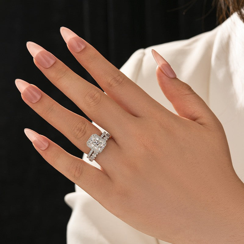 Luna Moissanite 2.0 Ct ～ 4.0 Ct Radiant Cut Halo 2-Pc Wedding Ring Set In Sterling Silver With Oval Cut Band