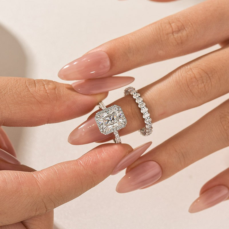Luna Moissanite 2.0 Ct ～ 4.0 Ct Radiant Cut Halo 2-Pc Wedding Ring Set In Sterling Silver With Oval Cut Band