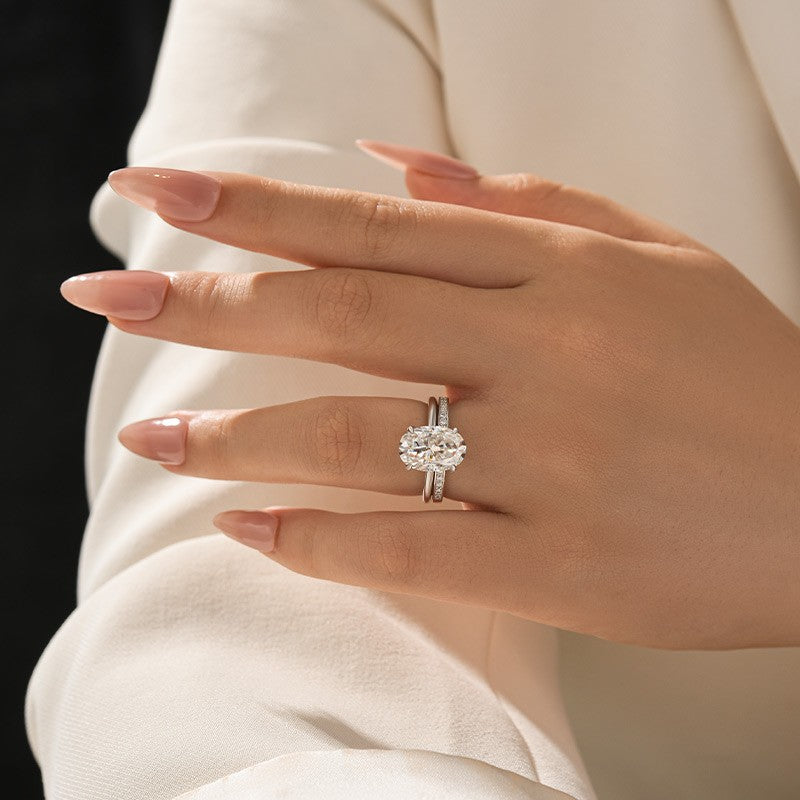 Luna Moissanite 4.0 Ct Oval Cut Solitaire 2-Pc Wedding Ring Set In Sterling Silver