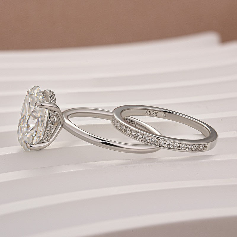 Luna Moissanite 4.0 Ct Oval Cut Solitaire 2-Pc Wedding Ring Set In Sterling Silver