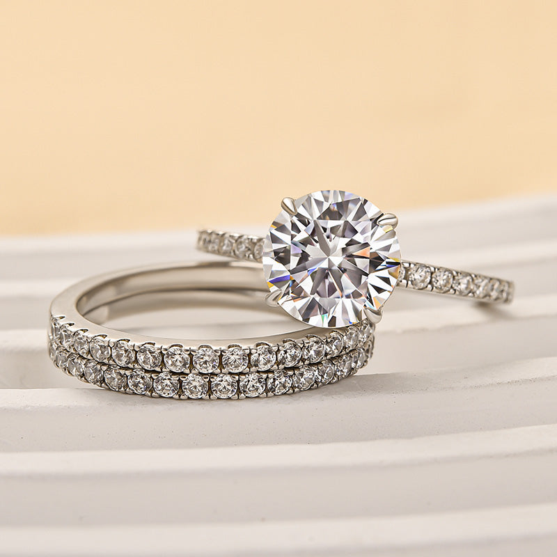 Luna Moissanite 2.0 Ct Round Cut Classic 3-Pc Wedding Ring Set In Sterling Silver