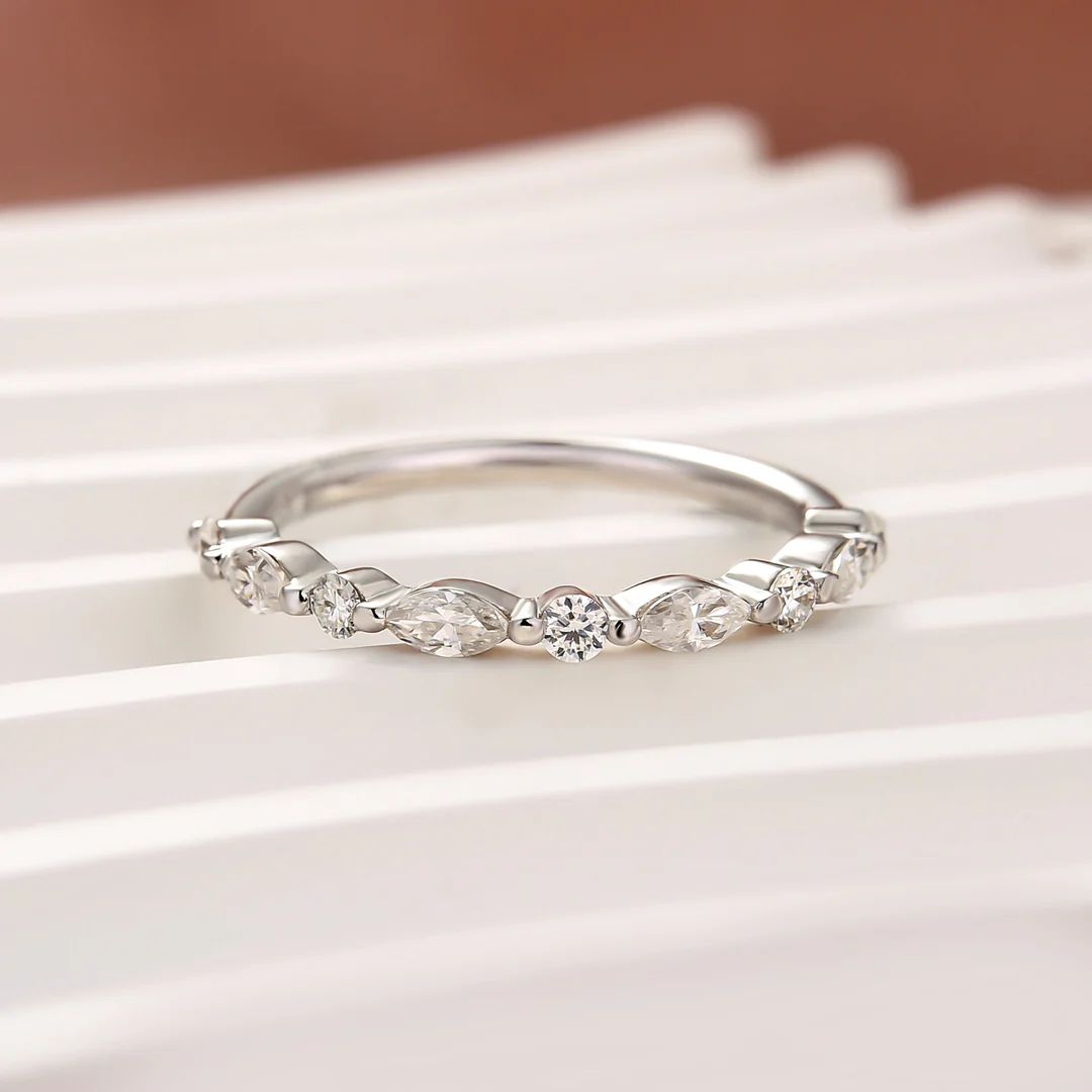 Luna Moissanite Marquise & Round Half Eternity Wedding Band In Sterling Silver