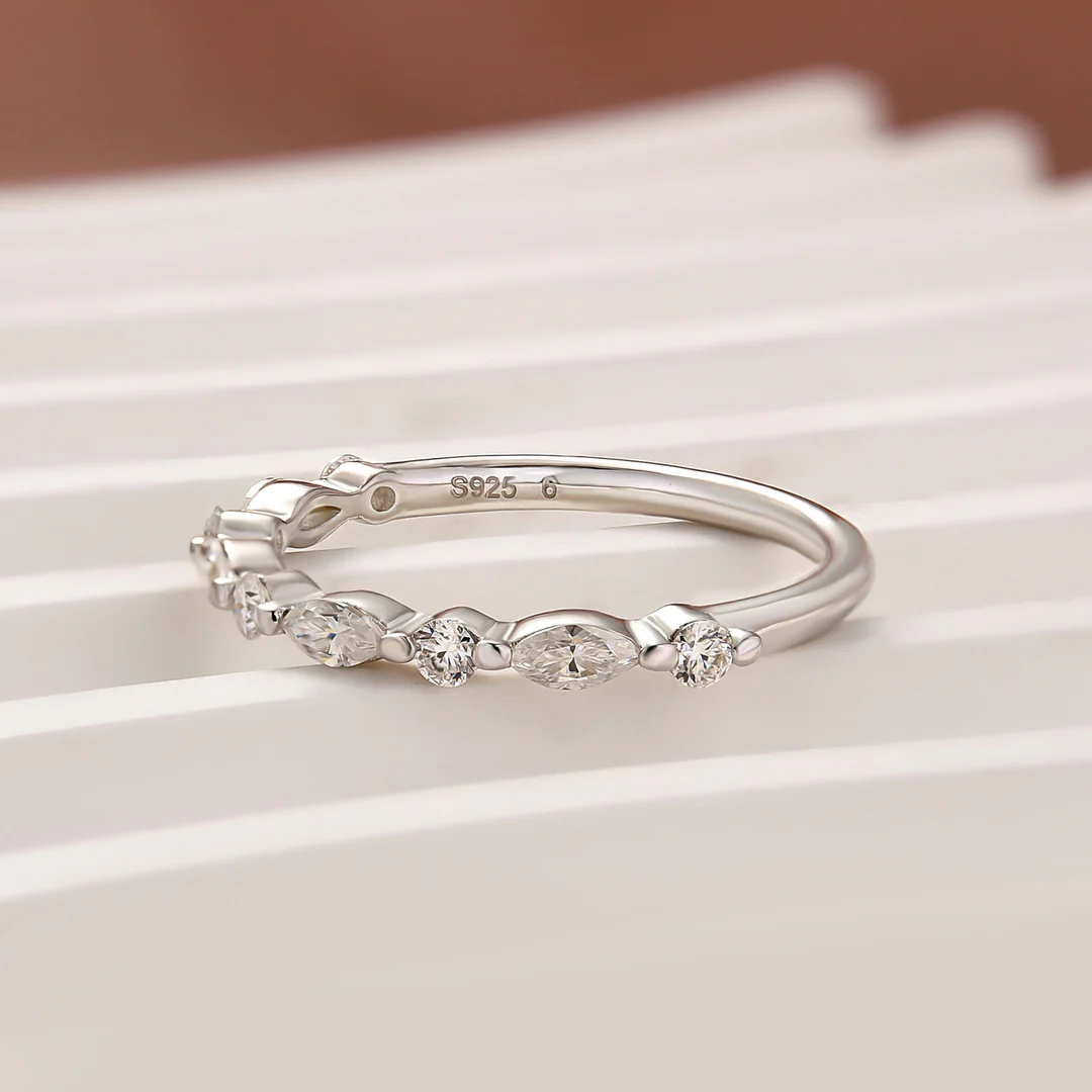 Luna Moissanite Marquise & Round Half Eternity Wedding Band In Sterling Silver