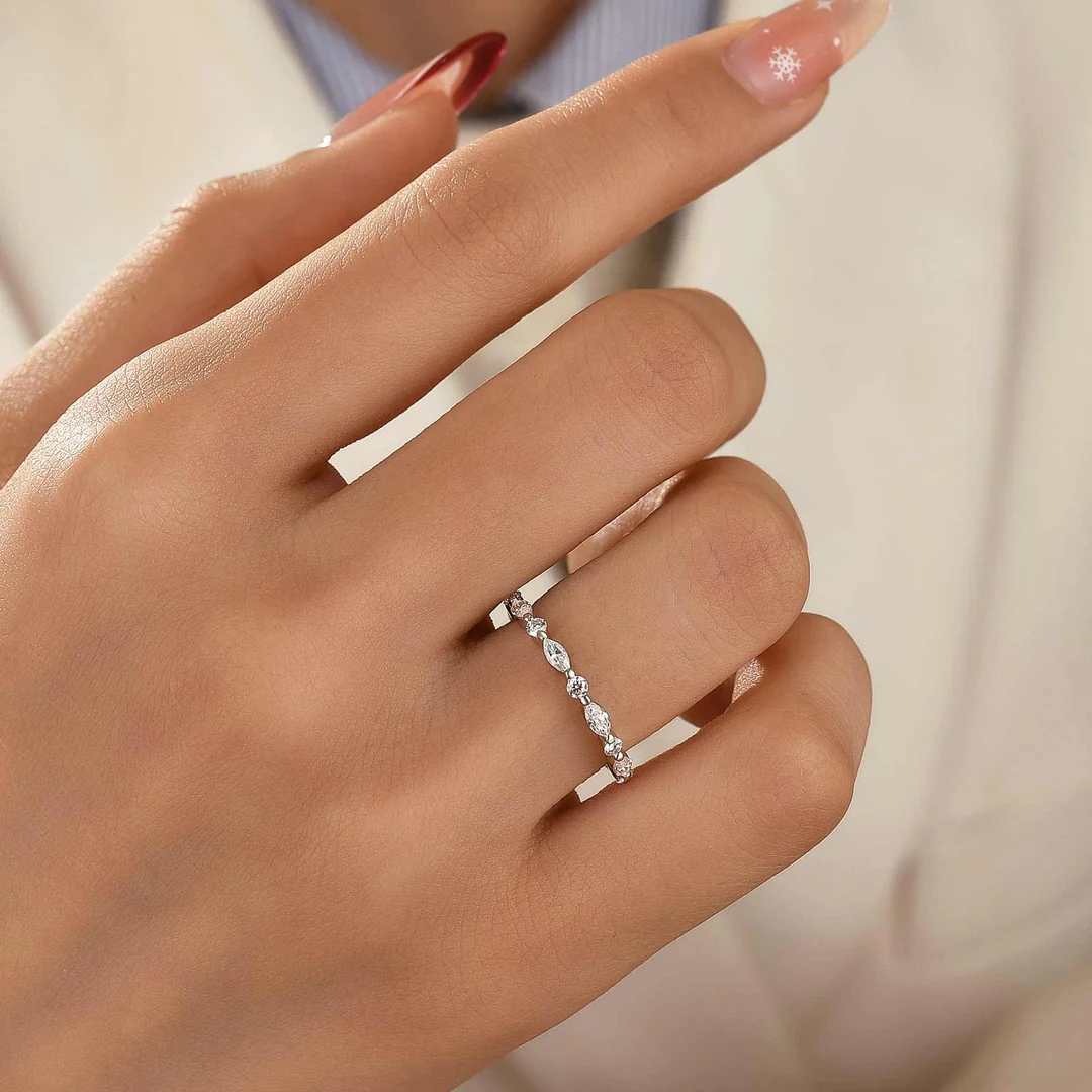 Luna Moissanite Marquise & Round Half Eternity Wedding Band In Sterling Silver