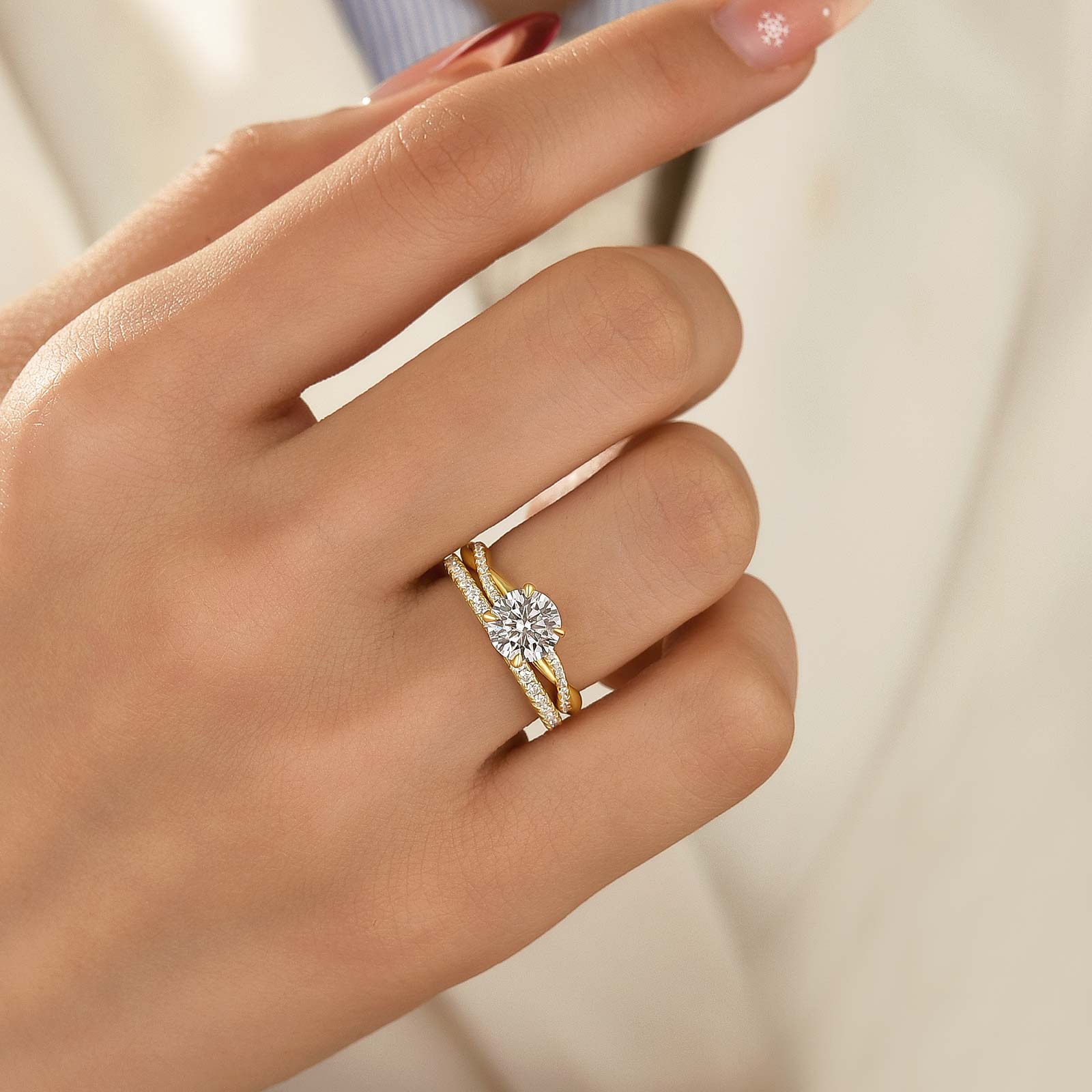 Luna Moissanite 1.0 Ct ～ 6.0 Ct Round Cut Twist 2-Pc Wedding Ring Set In Sterling Silver With Classic Half Band