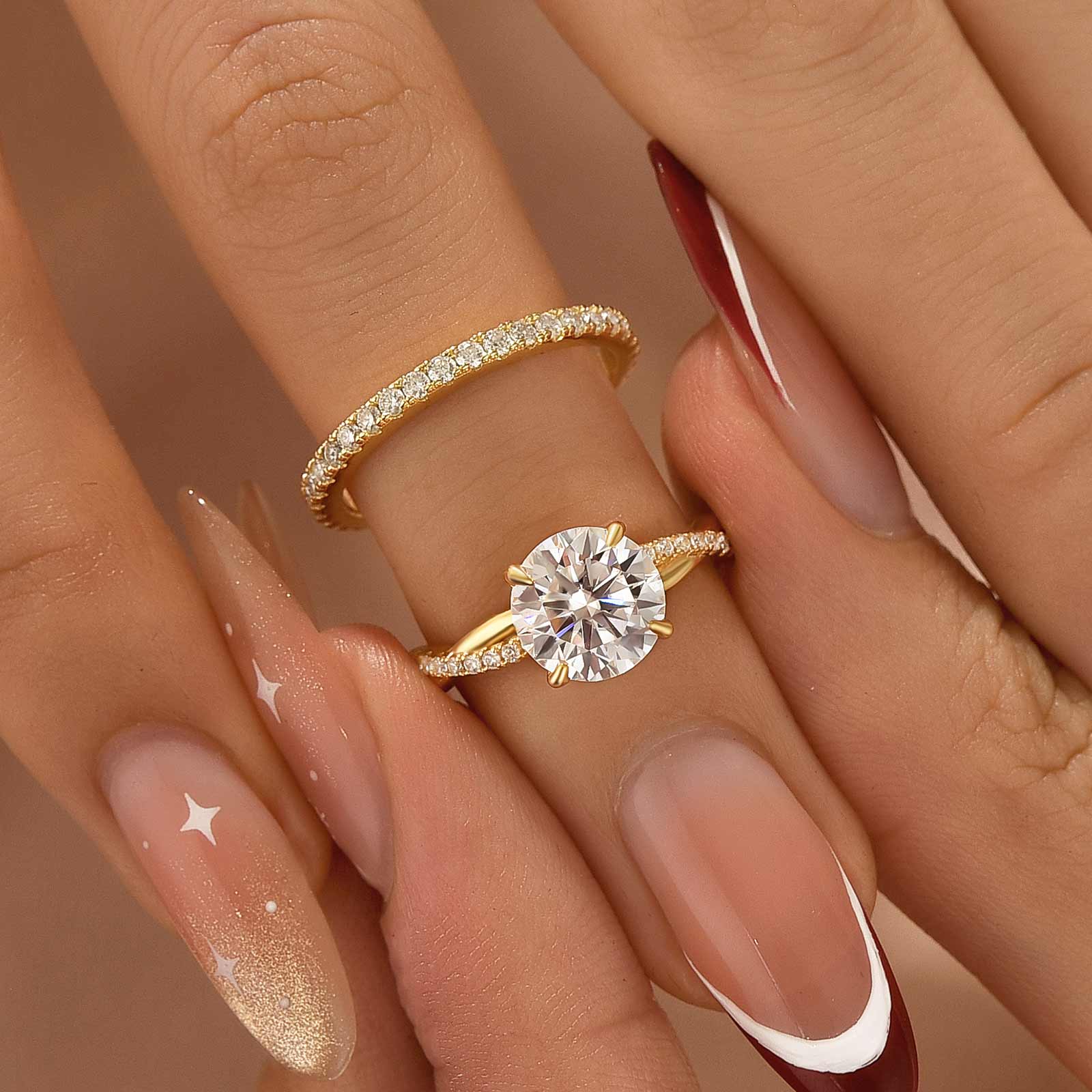 Luna Moissanite 1.0 Ct ～ 6.0 Ct Round Cut Twist 2-Pc Wedding Ring Set In Sterling Silver With Classic Half Band