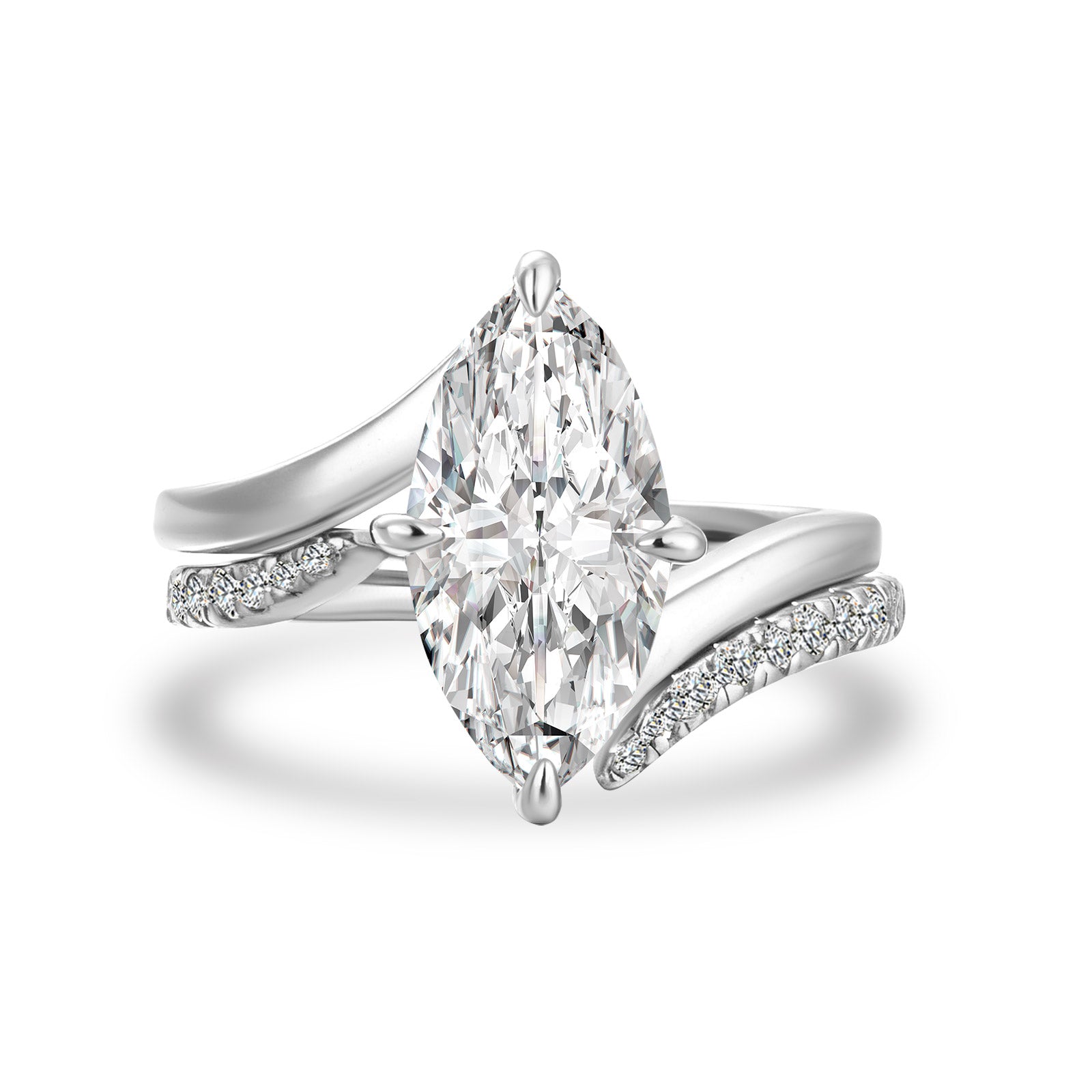 Luna Moissanite 3.0 Ct Marquise Cut Insert 2-Pc Wedding Ring Set In Sterling Silver