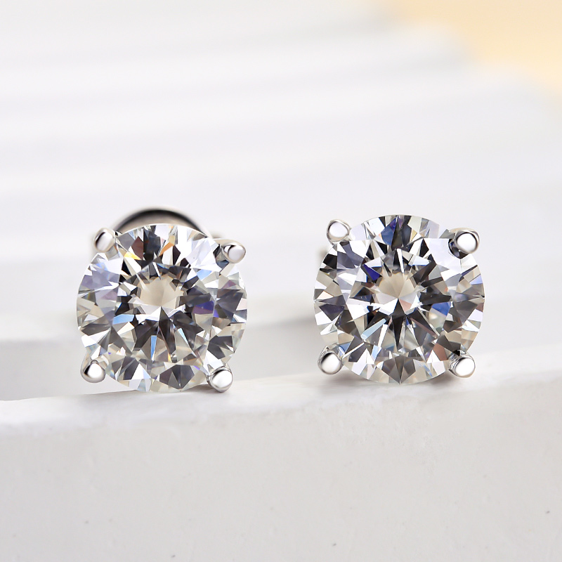 Moissanite Solitaire Round Four Prong Sterling Silver Stud Earrings-Sterling Silver-lornajewelry