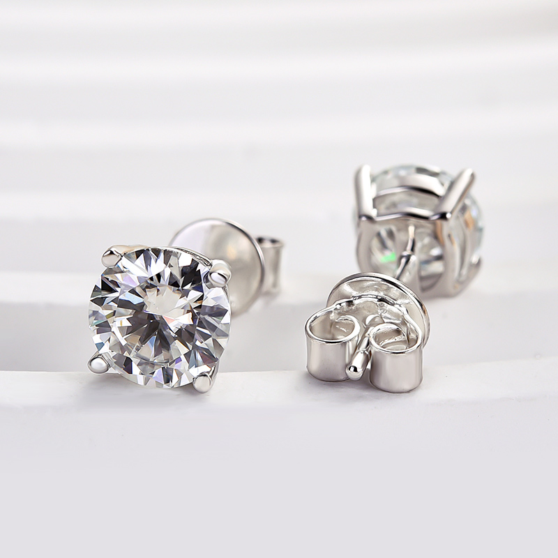 Moissanite Solitaire Round Four Prong Sterling Silver Stud Earrings-Sterling Silver-lornajewelry
