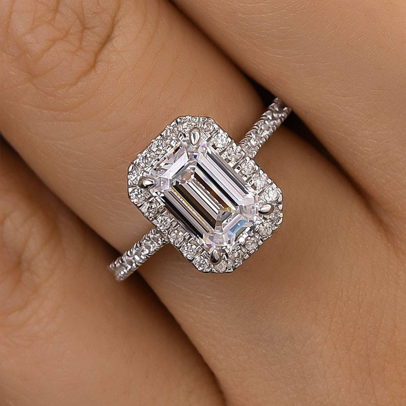 Luna Moissanite 1.0 Ct ～ 5.0 Ct Emerald Cut Halo Engagement Ring In Sterling Silver