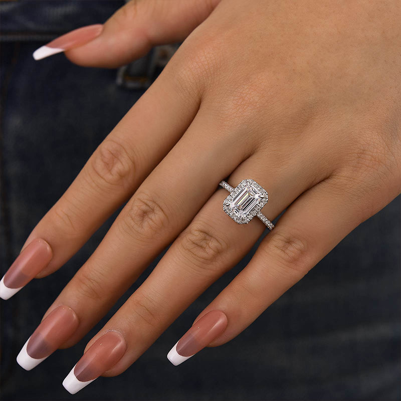 Luna Moissanite 1.0 Ct ～ 5.0 Ct Emerald Cut Halo Engagement Ring In Sterling Silver