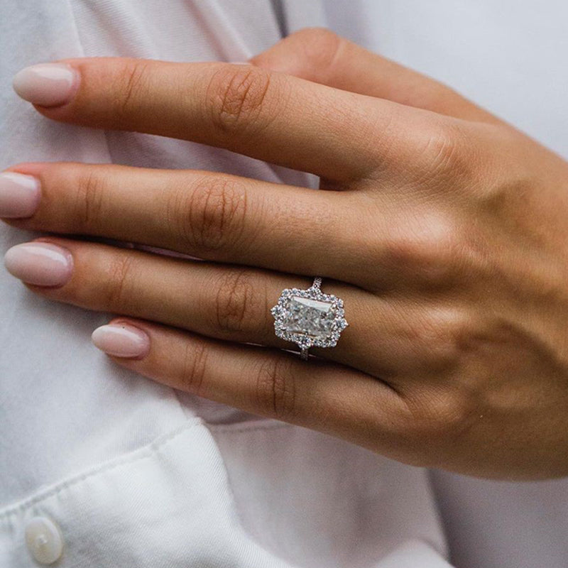 4Ct Moissanite Gorgeous Halo Radiant Cut Engagement Ring In Sterling Silver-Sterling Silver-lornajewelry