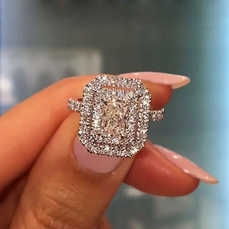 1Ct Double Halo Radiant Cut  Engagement Ring In Sterling Silver-Sterling Silver-lornajewelry