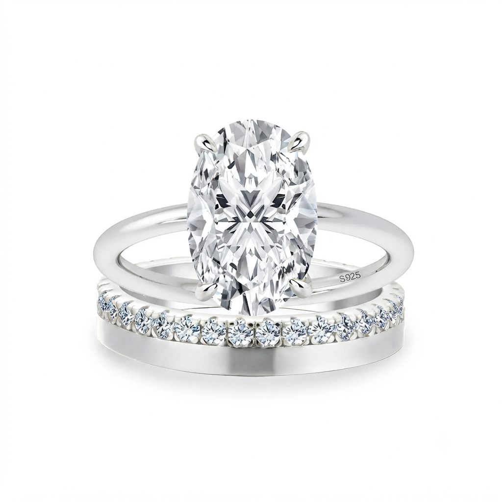 Luna Moissanite 4.0 Ct Oval Cut Solitaire 2-Pc Wedding Ring Set In Sterling Silver