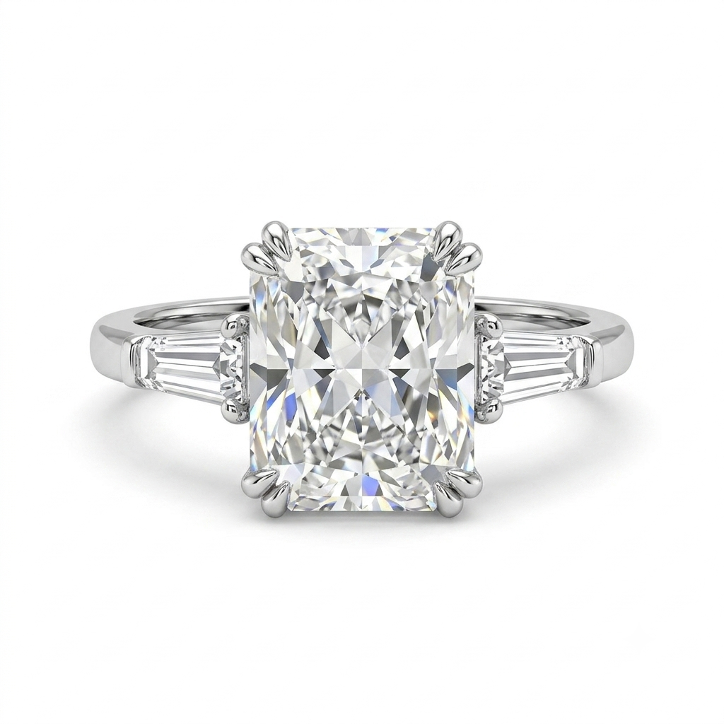 4Ct Radiant Cut Three Stone Engagement Ring In Sterling Silver