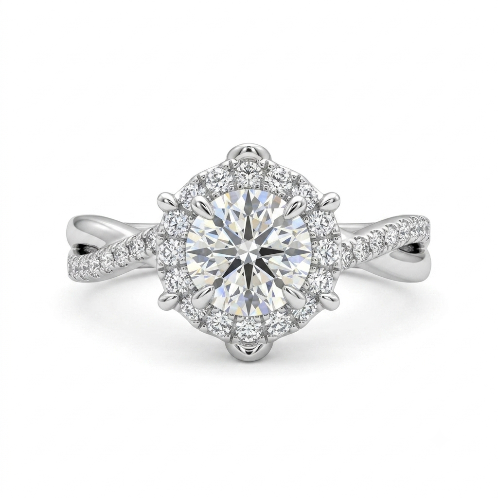 Luna Moissanite 0.5 Ct ～ 5.0 Ct Round Cut Noble Halo Twist Engagement Ring In Sterling Silver