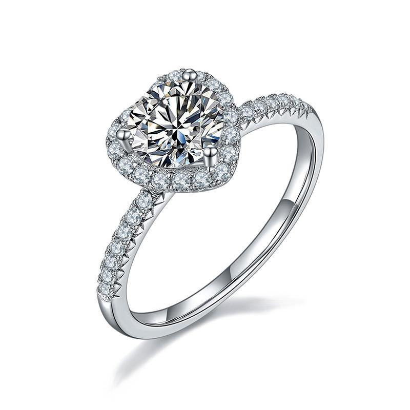 1Ct Moissanite Heart Halo Round Pave Sterling Silver Engagement Ring-Sterling Silver-lornajewelry