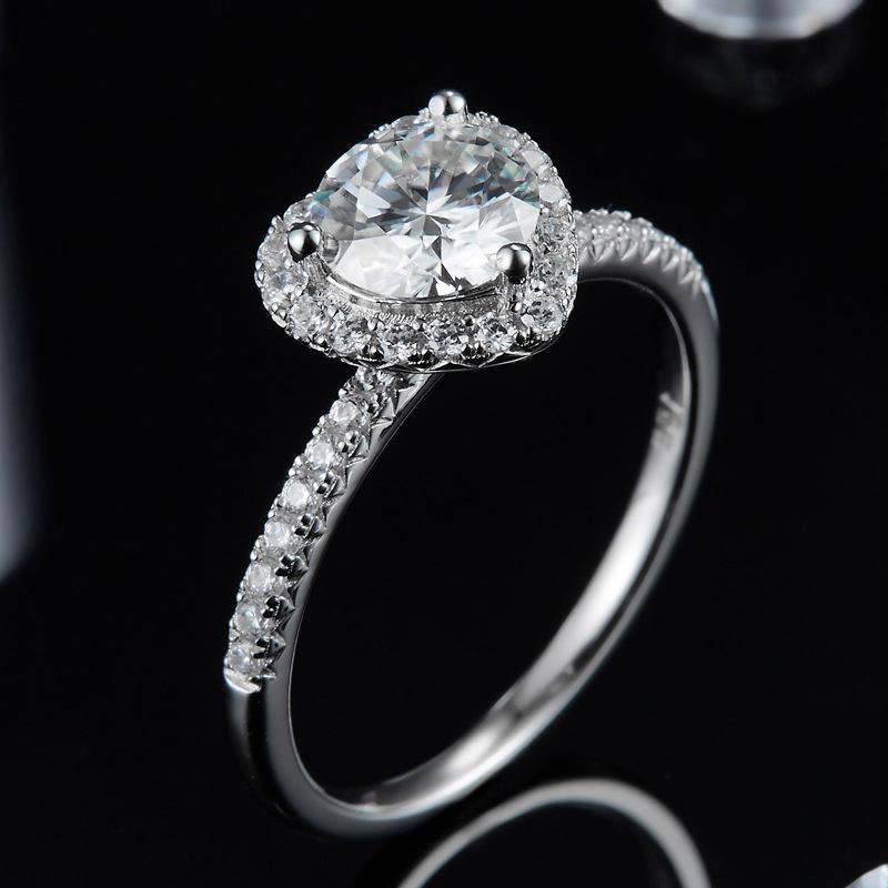 1Ct Moissanite Heart Halo Round Pave Sterling Silver Engagement Ring-Sterling Silver-lornajewelry