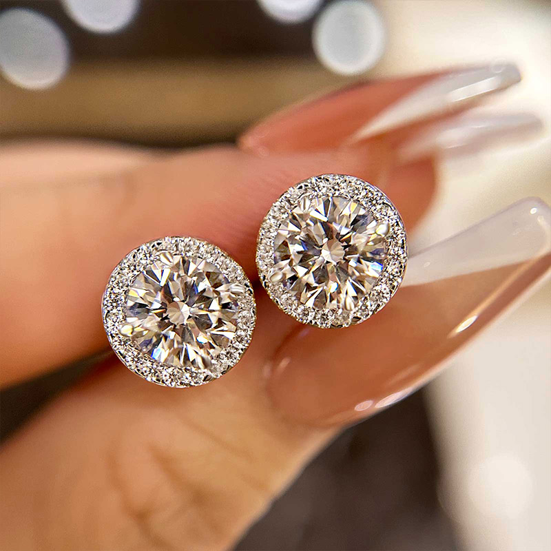 Halo Round Cut Women's Stud Earrings-Sterling Silver-lornajewelry