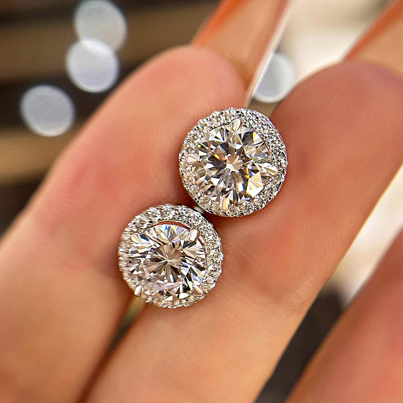 Halo Round Cut Women's Stud Earrings-Sterling Silver-lornajewelry