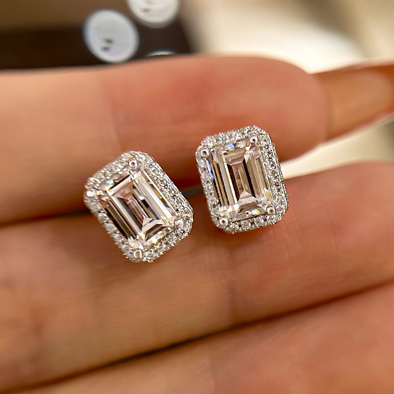 Sparkle Halo Emerald Cut Women's Stud Earrings In Sterling Silver-Sterling Silver-lornajewelry