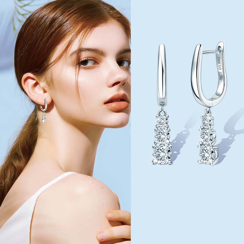 Moissanite Sparkle Three Stone Round Cut Tassel Stud Earrings-Sterling Silver-lornajewelry
