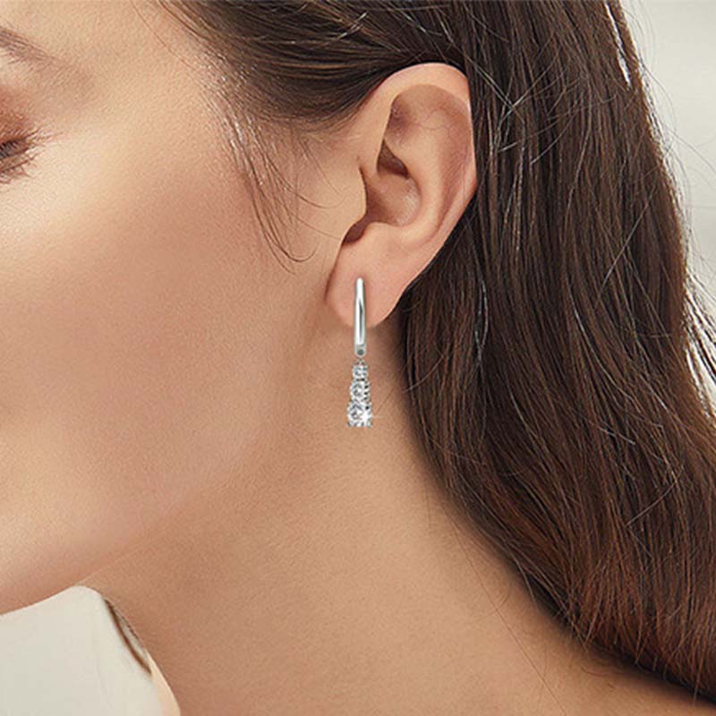 Moissanite Sparkle Three Stone Round Cut Tassel Stud Earrings-Sterling Silver-lornajewelry