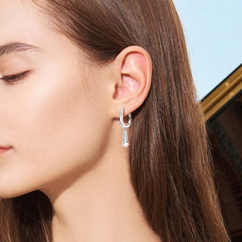 Moissanite Sparkle Three Stone Round Cut Tassel Stud Earrings-Sterling Silver-lornajewelry