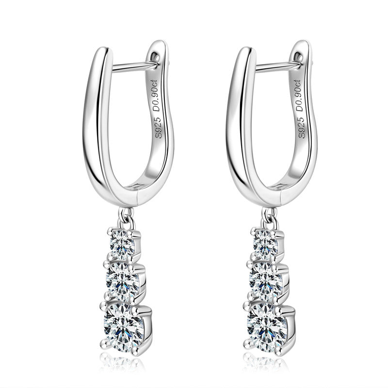Moissanite Sparkle Three Stone Round Cut Tassel Stud Earrings-Sterling Silver-lornajewelry