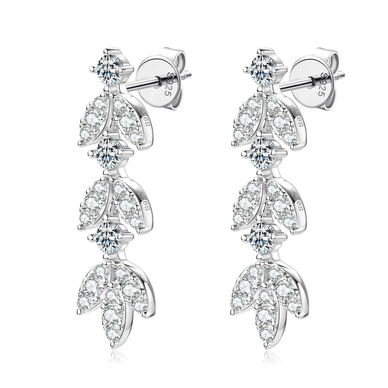 Moissanite Tassel Leaf Earrings-Sterling Silver-lornajewelry