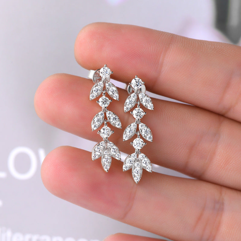 Moissanite Tassel Leaf Earrings-Sterling Silver-lornajewelry