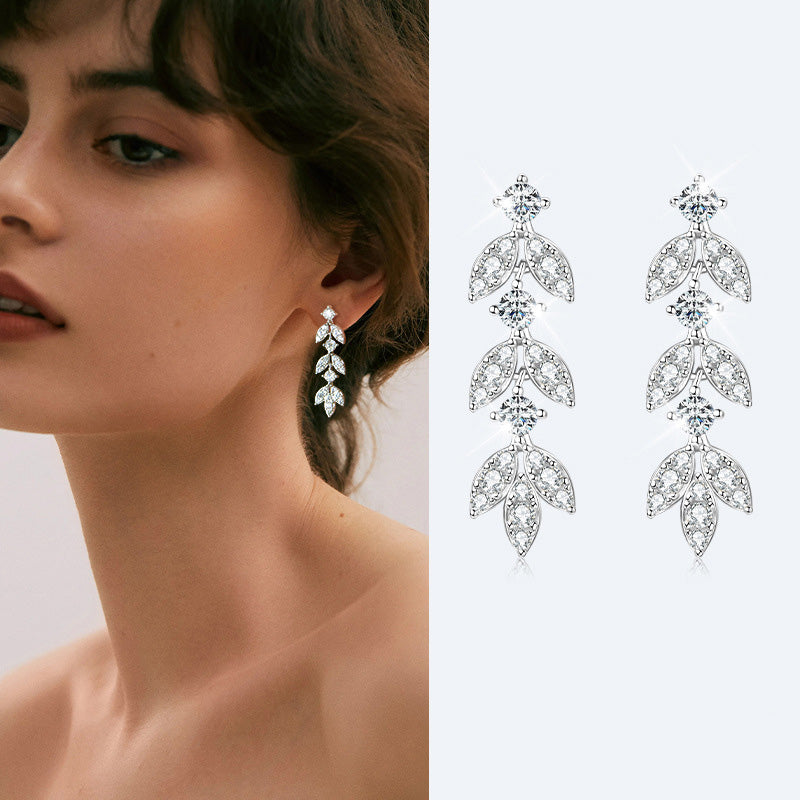Moissanite Tassel Leaf Earrings-Sterling Silver-lornajewelry