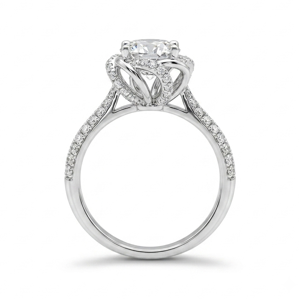 Luna Moissanite 1.0 Ct ～ 2.0 Ct Round Cut Flower Design Engagement Ring In Sterling Silver